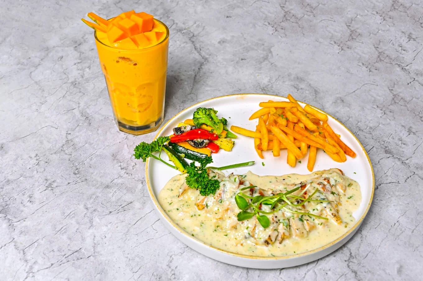 Menu Item Herbed Chicken Steak with Mango shake